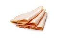 Three thin slices of ham folded on white background Royalty Free Stock Photo