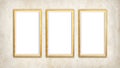 Three Thin vertical frame hanging in textured Vintage Wall. 3 Rectangular picture frames collection in texture background.