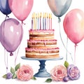 Three-tier beautiful birthday cake with candles and pink balloons,rose flowers on white background.Birthday,anniversary or wedding Royalty Free Stock Photo