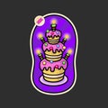 Three-tier cake with caramel, pink icing and bright candles on a purple background. Sticker in cartoon style. Vector illustration