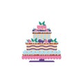 Three tier cake decorated with cream and fruits.