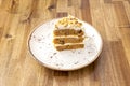 Three-tier carrot cake with its ice cream and walnuts on top Royalty Free Stock Photo