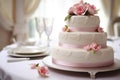 a three-tier fondant wedding cake with flower decorations Royalty Free Stock Photo