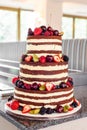 Three tier naked wedding cake with fruits birthday celebration chocolate cake