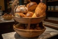 three-tier wooden basket overflowing with fresh and crusty bread