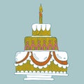 Three-tiered birthday cake with a candle. Royalty Free Stock Photo