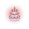 Three-tiered birthday cake with candle comics icon Royalty Free Stock Photo