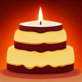 Three-tiered birthday cake with a candle on an orange background. AI-generated Royalty Free Stock Photo