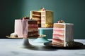 a three-tiered cake, each layer a different flavor and frosting