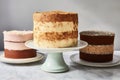 a three-tiered cake, each layer a different flavor and frosting