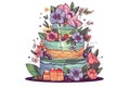 a three tiered cake with flowers and butterflies on top of it, on a white background, with a butterfly flying over the top of the Royalty Free Stock Photo