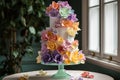 three-tiered cake with fondant and sugar flowers