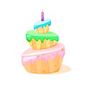 A three-tiered cake with one candle drawn in a cartoon style. Royalty Free Stock Photo