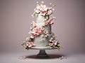 A three tiered cake with pink flowers on top.