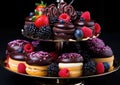 A three tiered cake stand with various desserts, AI Royalty Free Stock Photo