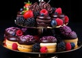 A three tiered cake stand with various desserts, AI