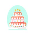 Three-tiered cake.White cake with pink cream, bright sprinkles in the form of stars, circles and sticks Royalty Free Stock Photo