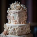 a three tiered cake with a white rose on top of it, on a table in front of a dark background, with a Royalty Free Stock Photo