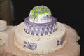 Three-tiered purple wedding cake with green roses Royalty Free Stock Photo