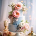 Three-tiered pastel white and light blue wedding cake decorated with pastel pink roses on table with candles. Illustration for Royalty Free Stock Photo