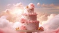 Three-tiered pink and white wedding cake decorated with rose flowers on sky clouds background. Wedding baked sweet dessert. Copy