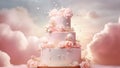 Three-tiered pink and white wedding cake decorated with rose flowers on sky clouds background. Wedding baked sweet dessert. Copy