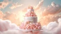 Three-tiered pink and white wedding cake decorated with rose flowers on sky clouds background. Wedding baked sweet dessert. Copy