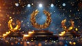 Three-tiered podium with golden laurel wreaths and sparkling confetti on a blue background