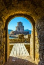 The three-tiered watchtower in castle Methoni Royalty Free Stock Photo