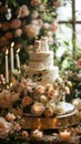 Three Tiered Wedding Cake With Flowers on Table Royalty Free Stock Photo