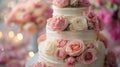 Three Tiered Wedding Cake With Pink and White Flowers Royalty Free Stock Photo