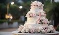 A three tiered wedding cake with pink and white flowers