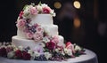 A three tiered wedding cake with pink and white flowers