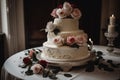 a three tiered wedding cake with roses on a table with a lit candle in the corner of the room and a window behind it Royalty Free Stock Photo