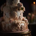 a three tiered wedding cake with roses on top of it and a candle in the background on a table with a Royalty Free Stock Photo