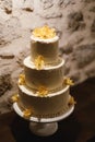 Three-tiered wedding cake on a rotating stand against a white stone wall