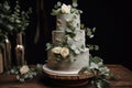 Three-tiered white wedding cake decorated with flowers and green eucalyptus leaves Royalty Free Stock Photo