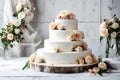 Three-tiered white wedding cake decorated with flowers from mastic on a white wooden table