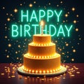 Glowing birthday cake with neon sign Royalty Free Stock Photo