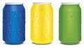 Three tin different color cans with many water drops