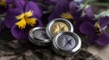 three tins of silver and gold sitting on a rock with purple flowers in the background and a yellow and purple flower in the
