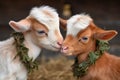 three tiny goats head-butting in a playful circle Royalty Free Stock Photo