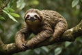 The three toed sloth is climbing on a tree