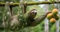 Three-Toed Sloth Reaching for Ripe Mangoes in Tropical Forest Royalty Free Stock Photo