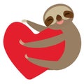 Three-toed sloth holding red heart, isolated on white background. Vector