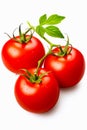 Three tomatoes with green leaves on white background with water droplets. Generative AI Royalty Free Stock Photo