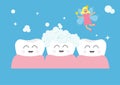 Three tooth gum icon set. Tooth fairy flying wings. Magic wand with fairy dust. Brush your teeth. Cute funny cartoon smiling chara