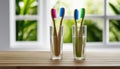 Three toothbrushes in glasses of water on a counter