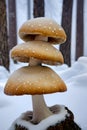 Three top mushroom sitting on top of a snow covered tree generated by ai Royalty Free Stock Photo