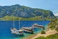 Three tourist boats moored at island